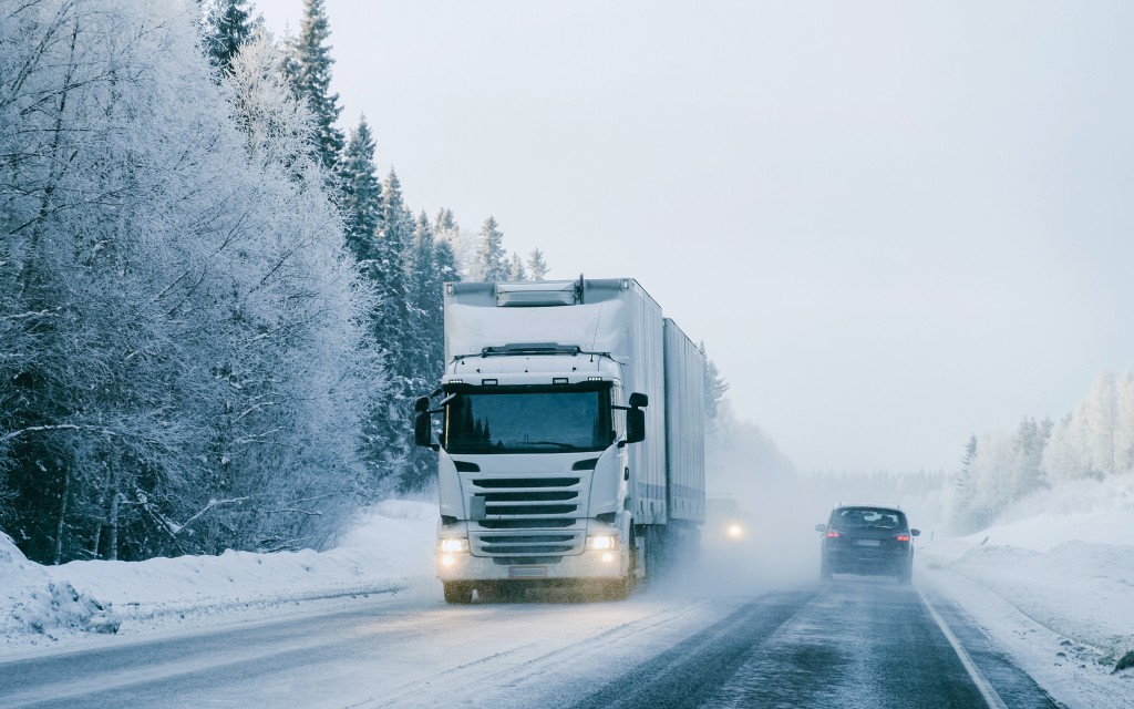 Winter,Road,With,Snow.,Truck,In,Finland.,Lorry,Car,And